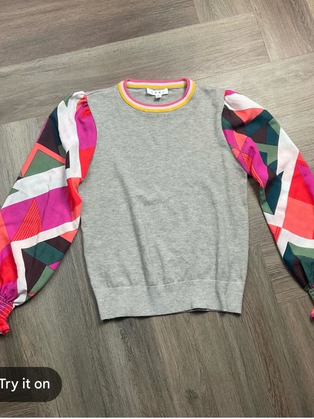Gray Sweater with Colorful Geometric Balloon Sleeves THML